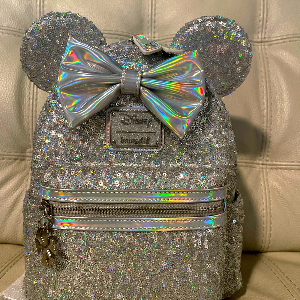 Disney loungefly holographic silver backpack